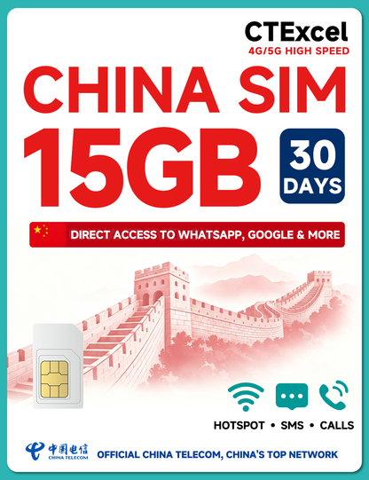 CTExcel China SIM Card 30 Days 15GB | High-Speed 5G/4G Data | Support Voice Calls & SMS | Hotspot Supported | Refillable Plan | Auto-Activation | Official China Telecom Network | 24×7 Support