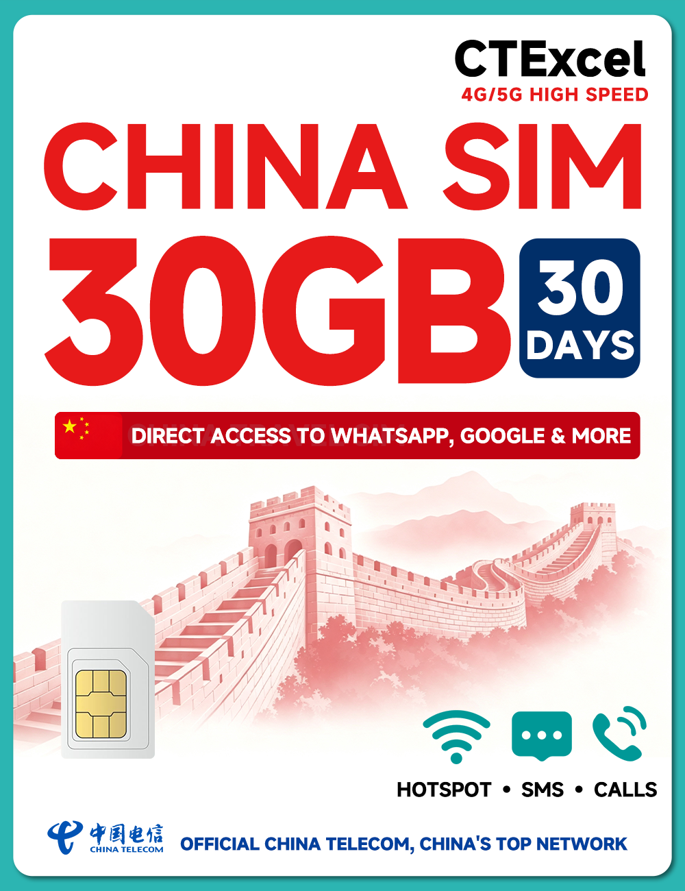 CTExcel China SIM Card 30 Days 30GB | High-Speed 5G/4G Data | Support Voice Calls & SMS | Hotspot Supported | Refillable Plan | Auto-Activation | Official China Telecom Network | 24×7 Support