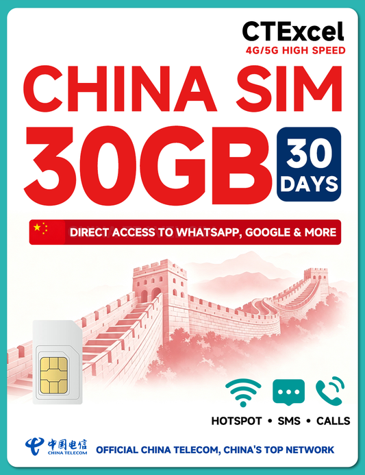 CTExcel China SIM Card 30 Days 30GB | High-Speed 5G/4G Data | Support Voice Calls & SMS | Hotspot Supported | Refillable Plan | Auto-Activation | Official China Telecom Network | 24×7 Support