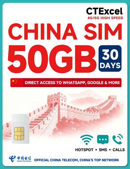 CTExcel China SIM Card 30 Days 50GB | High-Speed 5G/4G Data | Support Voice Calls & SMS | Hotspot Supported | Refillable Plan | Auto-Activation | Official China Telecom Network | 24×7 Support