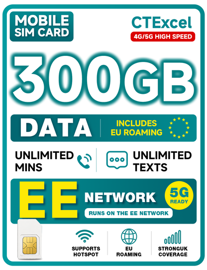 CTExcel Mobile SIM Card: 300GB High-Speed Data | No Contract | Unlimited UK Mins &Texts | International Minutes | EU and China Roaming Included | Supports Hotspot | 24/7 Customer Support