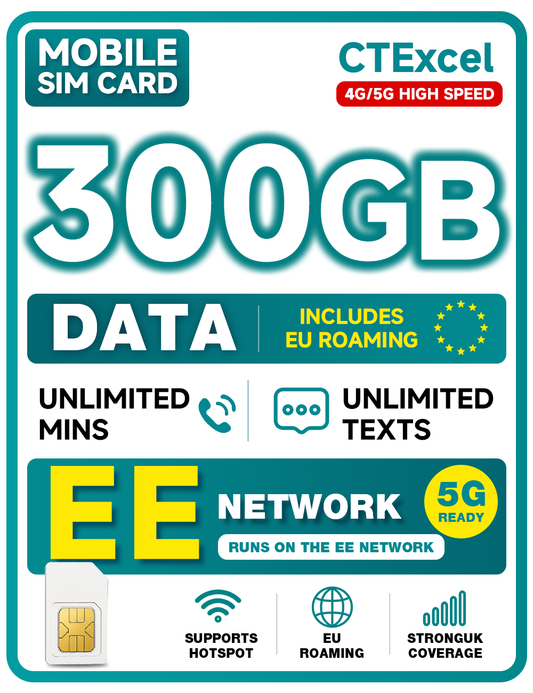 CTExcel Mobile SIM Card: 300GB High-Speed Data | No Contract | Unlimited UK Mins &Texts | International Minutes | EU and China Roaming Included | Supports Hotspot | 24/7 Customer Support