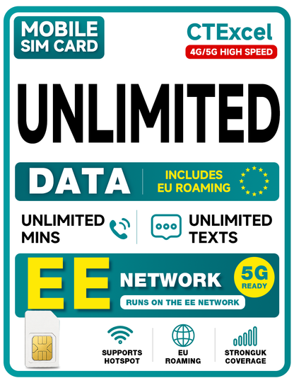 CTExcel Mobile SIM Card: Unlimited High-Speed Data | No Contract | Unlimited UK Mins &Texts | International Minutes | EU and China Roaming Included | Supports Hotspot | 24/7 Customer Support